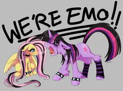 Size: 2231x1651 | Tagged: safe, artist:kipaki, derpibooru import, fluttershy, twilight sparkle, pegasus, pony, unicorn, g4, bracelet, choker, clothes, cross, ear piercing, earring, emo twilight, emoshy, eyes closed, fangs, fetlock tuft, floppy ears, gray background, hock fluff, horn, image, inverted cross, jewelry, meme, open mouth, piercing, png, simple background, socks, spiked wristband, striped socks, toeless legwear, toeless socks, unicorn twilight, we're emo, wristband