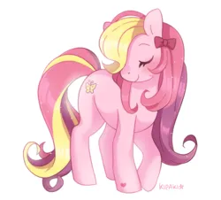 Size: 949x857 | Tagged: safe, artist:kipaki, derpibooru import, earth pony, pony, blushing, bow, eyes closed, female, hair bow, image, mare, png, signature, simple background, smiling, solo, white background