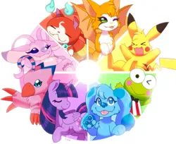 Size: 1957x1598 | Tagged: safe, artist:kipaki, derpibooru import, twilight sparkle, twilight sparkle (alicorn), alicorn, biyomon, cat, dog, frog, pikachu, pony, g4, angel (lilo and stitch), blue (blue's clues), blue's clues, color wheel challenge, digimon, dust: an elysian tail, eyes closed, female, fidget, image, keroppi, lilo and stitch, lilo and stitch the series, looking at you, mare, nimbat, one eye closed, open mouth, open smile, png, pokémon, raised hoof, sanrio, signature, simple background, smiling, smiling at you, tongue out, turned head, white background, wink, winking at you