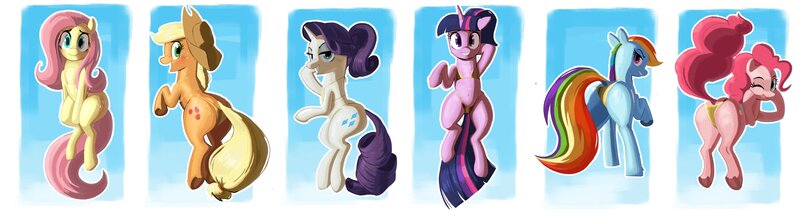 Size: 4096x1123 | Tagged: safe, artist:_ton618_, derpibooru import, applejack, fluttershy, pinkie pie, rainbow dash, rarity, twilight sparkle, earth pony, pegasus, pony, unicorn, g4, ;p, alternate hairstyle, applebutt, balloonbutt, bedroom eyes, belly, belly button, bikini, blush lines, blushing, butt, butt freckles, clothes, dock, female, floppy ears, freckles, frog (hoof), gold swimsuit, golden bikini, grin, horn, image, jpeg, large butt, lidded eyes, looking at you, looking back, looking back at you, mane six, mare, one eye closed, one-piece swimsuit, open mouth, open smile, outline, plot, ponytail, rainbutt dash, raised hoof, raised tail, rear view, rearity, simple background, sitting, smiling, smiling at you, swimsuit, tail, tongue out, underhoof, unicorn twilight, white background, white outline, wink, winking at you