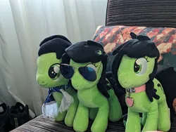 Size: 4032x3024 | Tagged: safe, artist:neuro, derpibooru import, oc, oc:anonfilly, earth pony, pony, clothes, collar, female, filly, foal, image, irl, jpeg, photo, plushie, scarf, sunglasses, trio