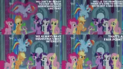 Size: 2000x1125 | Tagged: safe, derpibooru import, edit, edited screencap, editor:quoterific, screencap, applejack, fluttershy, pinkie pie, rainbow dash, rarity, spike, twilight sparkle, g4, the beginning of the end, image, mane six, png