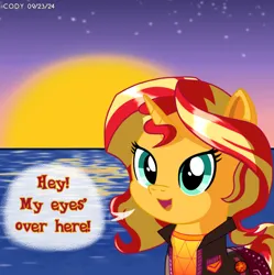 Size: 1980x1986 | Tagged: safe, artist:codenamekid, derpibooru import, sunset shimmer, pony, unicorn, g4, afternoon, badge, clothes, gradient background, highlights, horn, image, jacket, looking at you, pants, png, shading, shirt, solo, stars, sun, sunset, sunset shimmer day, talking to viewer, text, water