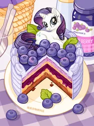 Size: 1919x2560 | Tagged: safe, artist:萌食吉物便利店, derpibooru import, rarity, pony, unicorn, basket, blueberry, blueberry jam, cake, cup, female, food, horn, image, jam, knife, lying down, mare, plate, png, prone, solo, table, tablecloth, text, tiny, tiny ponies