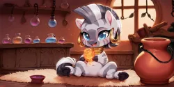 Size: 2400x1200 | Tagged: safe, ai content, derpibooru import, machine learning generated, prompter:greesys, zecora, pony, zebra, baby, chibi, hoofs, image, jpeg, potion, solo