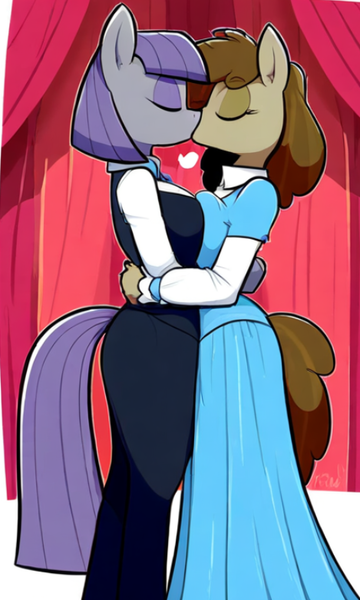 Size: 469x781 | Tagged: safe, ai content, derpibooru import, machine learning generated, novelai, stable diffusion, maud pie, mudbriar, anthro, earth pony, g4, big breasts, blushing, breasts, clothes, dress, duo, female, image, indoors, lowres, male, png, prompter:genderface, rule 63, shipping, smiling, straight