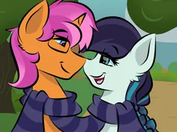 Size: 2048x1535 | Tagged: safe, alternate version, artist:doodle-hooves, ponerpics import, coloratura, oc, unofficial characters only, pony, clothes, image, jpeg, looking at each other, male, scarf, stallion