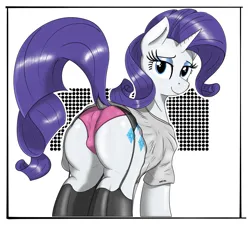 Size: 2195x2000 | Tagged: suggestive, artist:eels, derpibooru import, rarity, pony, unicorn, bedroom eyes, butt, cameltoe, clothes, eyelashes, eyeshadow, female, horn, image, lingerie, looking at you, looking back, looking back at you, makeup, mare, pink panties, png, raised tail, rearity, skirt, skirt lift, socks, stockings, tail, thigh highs, upskirt