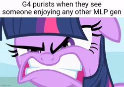 Size: 711x500 | Tagged: safe, derpibooru import, screencap, twilight sparkle, feeling pinkie keen, g4, angry, brony stereotype, caption, gritted teeth, image, image macro, jpeg, meme, teeth, text