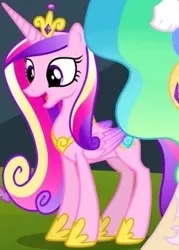 Size: 239x334 | Tagged: safe, derpibooru import, screencap, princess cadance, princess celestia, alicorn, equestria games (episode), g4, concave belly, cropped, crown, hoof shoes, image, jewelry, jpeg, offscreen character, open mouth, peytral, regalia, slender, solo focus, standing, thin