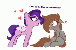 Size: 4096x2711 | Tagged: safe, artist:nevaylin, derpibooru import, pipp petals, oc, oc:nevaylin, pegasus, pony, g5, blushing, canon x oc, dialogue, duo, duo female, female, flustered, heart, image, jpeg, lesbian, looking at each other, looking at someone, mare, simple background, white background