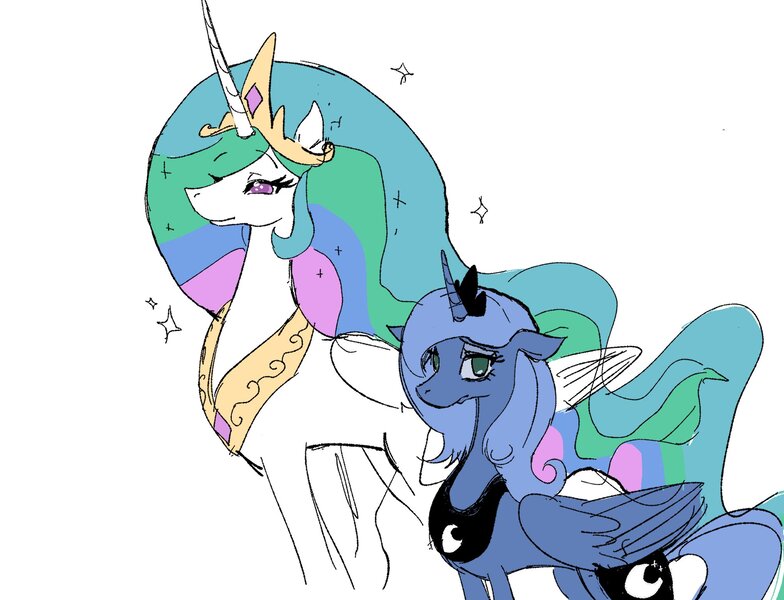 Size: 2010x1539 | Tagged: safe, artist:o0hao0o, derpibooru import, princess celestia, princess luna, alicorn, pony, g4, duo, duo female, female, folded wings, height difference, image, jpeg, mare, royal sisters, siblings, simple background, sisters, slender, sparkles, tall, thin, white background, wings