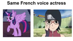 Size: 1920x1080 | Tagged: safe, edit, edited screencap, ponerpics import, ponybooru import, screencap, twilight sparkle, twilight sparkle (alicorn), alicorn, human, pony, twilight's kingdom, boruto the movie, exploitable meme, french, image, meme, png, same voice actor, sarada uchiha