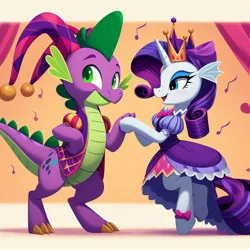 Size: 1024x1024 | Tagged: safe, ai content, machine learning generated, ponerpics import, ponybooru import, rarity, spike, dragon, unicorn, alternate universe, female, image, interspecies, jester, jester spike, jpeg, male, shipping, sparity, straight