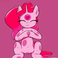 Size: 2000x2000 | Tagged: safe, artist:bestponies, derpibooru import, oc, oc:gum heart, unofficial characters only, goo, goo pony, monster pony, original species, pony, eyes closed, female, image, jpeg, looking at you, mare, simple background, sitting, smiling, smiling at you, solo