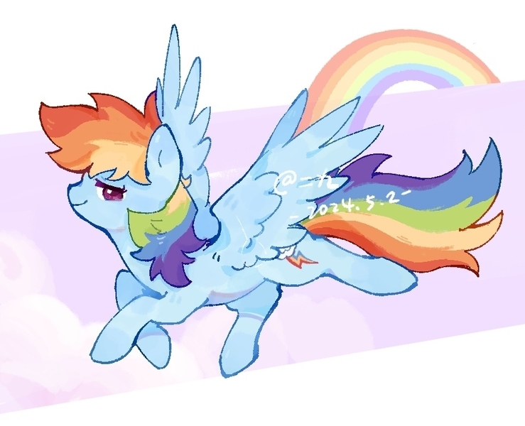 Size: 882x716 | Tagged: safe, artist:二九三拾, derpibooru import, rainbow dash, pegasus, pony, aside glance, cloud, female, flying, image, jpeg, looking at you, mare, pink sky, rainbow, sideways glance, simple background, smiling, solo, white background