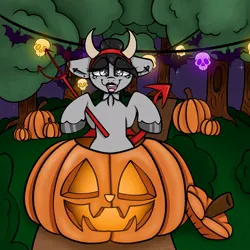 Size: 1000x1000 | Tagged: safe, artist:xxgirlscoutcookiexx, ponerpics import, oc, oc:mimic, unofficial characters only, demon, pony, female, halloween, happy, hat, holiday, image, jack-o-lantern, jpeg, looking at you, mare, pumpkin, tongue out, witch hat