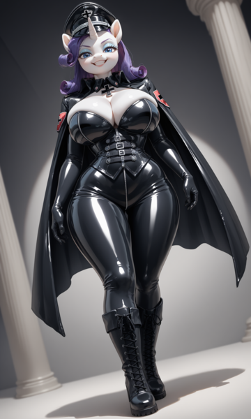 Size: 1536x2560 | Tagged: suggestive, ai content, alternate version, derpibooru import, machine learning generated, rarity, anthro, unicorn, g4, big breasts, bodysuit, boots, breasts, busty rarity, cape, catsuit, cleavage, cloak, clothes, curvy, derpibooru exclusive, female, grin, hat, horn, huge breasts, image, iron cross, latex, latex suit, nazi, nazi uniform, peaked cap, png, prompter:inky heart, rubber, shoes, smiling, solo, solo female, thick, uniform, wide hips