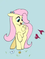 Size: 985x1279 | Tagged: safe, artist:marrsund, derpibooru import, fluttershy, bird, pegasus, g4, flower, flower in hair, image, png, raised hoof, smiling