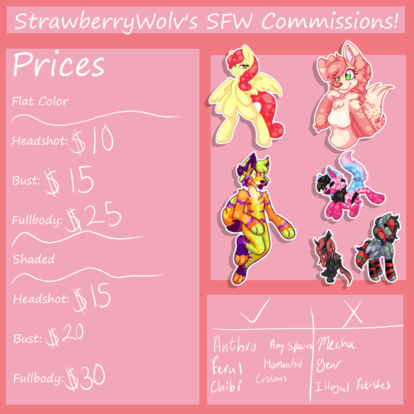 Size: 3000x3000 | Tagged: safe, artist:strawberrywolv, derpibooru import, advertisement, advertising, commission, commission info, commission open, image, not porn, png, price list, price sheet, prices, sfw