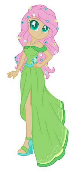 Size: 1000x2328 | Tagged: safe, artist:emmakkkkk, artist:mint-light, derpibooru import, fluttershy, human, alternate hairstyle, base used, clothes, dress, feet, female, flower, flower in hair, gala dress, humanized, image, jewelry, necklace, png, sandals, simple background, solo, white background