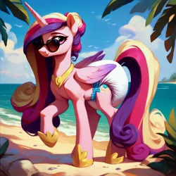 Size: 4096x4096 | Tagged: safe, ai content, derpibooru import, machine learning generated, prompter:mintybreeze, princess cadance, pony, g4, beach, diaper, diaper fetish, female, fetish, image, jpeg, non-baby in diaper, poofy diaper, solo, sunglasses