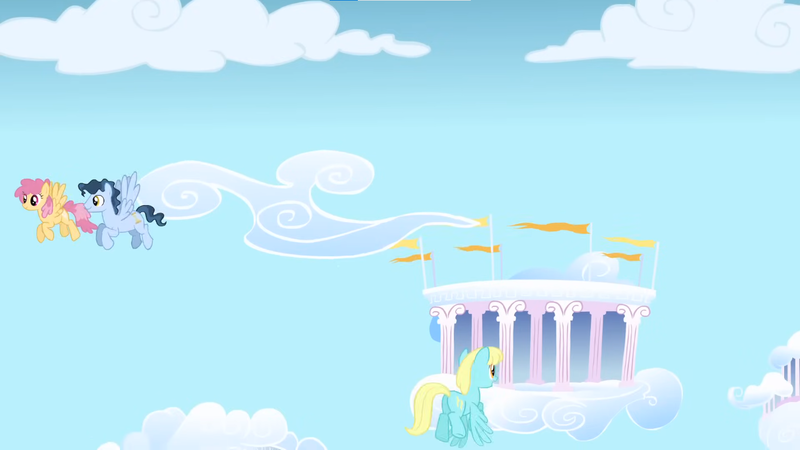 Size: 1366x768 | Tagged: safe, derpibooru import, screencap, dizzy twister, orange swirl, sassaflash, time flies, pony, g4, sonic rainboom (episode), cloudsdale, image, png