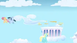 Size: 1366x768 | Tagged: safe, derpibooru import, screencap, dizzy twister, orange swirl, sassaflash, time flies, pony, g4, sonic rainboom (episode), cloudsdale, image, png