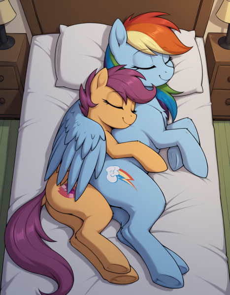 Size: 1344x1728 | Tagged: safe, ai content, derpibooru import, generator:bluefox mix, machine learning generated, stable diffusion, rainbow dash, scootaloo, pegasus, pony, g4, arm fluff, bed, bed sheets, bedroom, butt, chest fluff, cuddling, cute, cutealoo, daaaaaaaaaaaw, dashabetes, dock, duo, duo female, eyes closed, featureless crotch, female, full body, hug, hug from behind, image, indoors, lamp, laying on bed, lying down, mare, on bed, overhead view, pillow, plot, png, pony pillow, prompter:tyto4tme4l, scootalove, side, smiling, spooning, tail, underhoof, wing blanket, winghug, wings