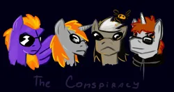 Size: 756x400 | Tagged: safe, artist:samaerro, derpibooru import, oc, oc:fegasus, oc:n.c., oc:rosik, oc:samaerro, unofficial characters only, earth pony, parasprite, pegasus, pony, unicorn, black background, bust, earth pony oc, group, horn, image, looking at you, male, male oc, oekaki, pegasus oc, png, portrait, quartet, simple background, spread wings, stallion, stallion oc, sunglasses, unicorn oc, wings