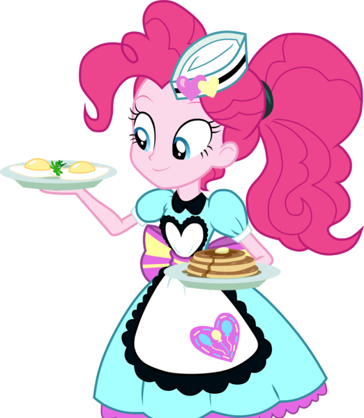 Size: 3700x4250 | Tagged: safe, artist:octosquish7260, derpibooru import, pinkie pie, human, equestria girls, g4, apron, clothes, egg (food), female, food, fried egg, hat, image, pancakes, plate, png, ponytail, server pinkie pie, simple background, solo, transparent background, waitress