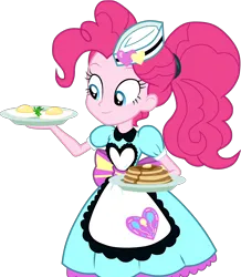 Size: 3700x4250 | Tagged: safe, artist:octosquish7260, derpibooru import, pinkie pie, human, equestria girls, g4, apron, clothes, egg (food), female, food, fried egg, hat, image, pancakes, plate, png, ponytail, server pinkie pie, simple background, solo, transparent background, waitress