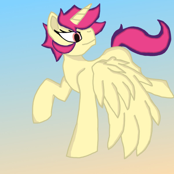 Size: 1280x1280 | Tagged: safe, artist:silverfishv9, derpibooru import, oc, oc:bright blaze (silverfishv9), unofficial characters only, alicorn, pony, alicorn oc, female, flying, gradient background, horn, image, jpeg, magenta mane, mare, parent:twilight sparkle, parents:canon x oc, red eyes, solo, wings, yellow coat