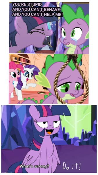 Size: 4096x7282 | Tagged: semi-grimdark, artist:emositecc, edit, edited screencap, ponerpics import, screencap, pinkie pie, rarity, spike, twilight sparkle, twilight sparkle (alicorn), alicorn, dragon, earth pony, pony, unicorn, father knows beast, horse play, abuse, curtains, female, gun, handgun, image, jpeg, male, reference, revolver, sad, spikeabuse, suicide, text, twilight's castle, weapon