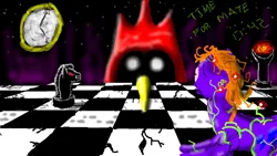 Size: 640x360 | Tagged: safe, artist:rosik, derpibooru import, oc, oc:fegasus, pegasus, pony, blank eyes, bloodshot eyes, chess, chess piece, chessboard, clock, cracks, eye of sauron, glow, glowing eyes, image, lightning, magic, male, male oc, messy hair, messy mane, night, oekaki, omsk, omsk bird, pegasus oc, png, rear view, red eyes, restrained, scarred, spread wings, stallion, stallion oc, stars, white eyes, winged doom, wings, xk-class end-of-the-world scenario