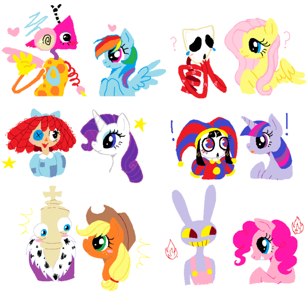 Size: 874x834 | Tagged: safe, artist:moondeer1616, derpibooru import, applejack, fluttershy, pinkie pie, rainbow dash, rarity, twilight sparkle, earth pony, pegasus, pony, unicorn, g4, ambiguous gender, animal, chess piece, crossover, emanata, exclamation point, female, gangle, group, heart, horn, image, jax (tadc), kinger, living toy, male, mane six, mare, ms paint, png, pomni, question mark, ragatha, sextet, simple background, stars, surprised, the amazing digital circus, toy, white background, zolo-toy, zooble