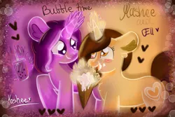 Size: 2160x1440 | Tagged: safe, artist:mashee, derpibooru import, oc, oc:ell, oc:mashee, pony, unicorn, besties, blushing, bubble tea, cute, drink, duo, duo female, female, fluffy, food, heart, horn, image, magic, png, ponysona, purple, smiling, together, waffle, yellow