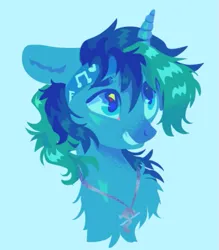 Size: 585x667 | Tagged: safe, artist:kreeeeeez, derpibooru import, oc, oc:rocky blues, pony, unicorn, bust, commission, commissioner:legionofblues, headband, horn, image, jewelry, male, music notes, pendant, png, portrait, solo, stallion, unicorn oc