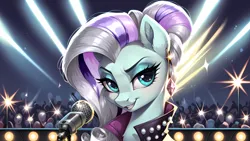 Size: 5120x2880 | Tagged: safe, ai content, derpibooru import, machine learning generated, prompter:bluetoothworld, coloratura, earth pony, pony, g4, audience, audience reaction, background pony audience, bust, concert, countess coloratura, female, image, microphone, png, smiling