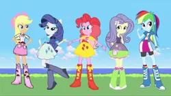 Size: 1280x720 | Tagged: safe, derpibooru import, applejack, fluttershy, pinkie pie, rainbow dash, rarity, equestria girls, g4, belt, boots, clothes, cowboy boots, cowboy hat, hat, high heel boots, image, jacket, jpeg, mane five, shirt, shoes, skirt, socks, solo, vest