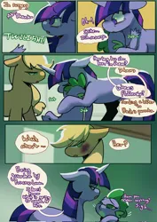 Size: 1448x2048 | Tagged: safe, artist:piesinful, derpibooru import, applejack, spike, twilight sparkle, dragon, earth pony, pony, unicorn, comic:unlucky day, fanfic:cupcakes, bruised, comic, crying, dialogue, female, image, jpeg, male, mare, speech bubble, unicorn twilight