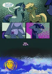 Size: 1448x2048 | Tagged: safe, artist:piesinful, derpibooru import, applejack, rarity, twilight sparkle, earth pony, pony, unicorn, comic:unlucky day, fanfic:cupcakes, g4, comic, dialogue, eye clipping through hair, eyebrows, eyebrows visible through hair, female, image, jpeg, makeup, mare, running makeup, sitting, speech bubble, trio, unicorn twilight