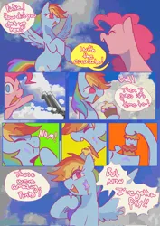 Size: 1448x2048 | Tagged: safe, artist:piesinful, derpibooru import, pinkie pie, rainbow dash, earth pony, pegasus, pony, comic:unlucky day, fanfic:cupcakes, g4, cloud, comic, cupcake, dialogue, dream, duo, eating, escalator, female, flying, food, image, implied autocannibalism, implied cannibalism, jpeg, mare, on a cloud, speech bubble