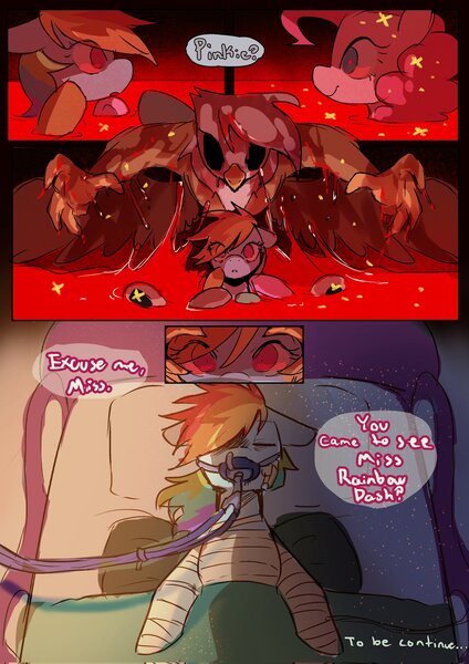 Size: 1448x2048 | Tagged: semi-grimdark, artist:piesinful, derpibooru import, gilda, pinkie pie, rainbow dash, earth pony, gryphon, pegasus, pony, comic:unlucky day, fanfic:cupcakes, g4, bandage, bed, blood, comic, dialogue, dream, duo, female, hospital bed, image, jpeg, mare, nightmare, no eyes, offscreen character, oxygen mask, skull, speech bubble, wingless