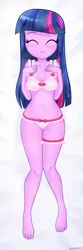 Size: 609x1828 | Tagged: suggestive, artist:charliexe, derpibooru import, twilight sparkle, human, equestria girls, g4, 2d, bangs, barefoot, bed, bedsheets, belly, belly button, blushing, bra, breasts, cleavage, clothes, dakimakura cover, e-cup bra, eyebrows, eyes closed, feet, female, image, jpeg, legs, legs together, lingerie, lying down, on back, panties, ribbon, smiling, straight hair, toes, underwear