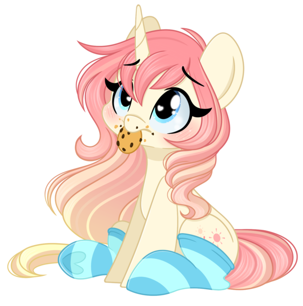 Size: 1593x1611 | Tagged: safe, artist:emberslament, derpibooru import, oc, oc:radiant soirée, unofficial characters only, pony, blushing, clothes, cookie, cute, female, food, gradient mane, heart, heart eyes, image, looking up, mare, png, simple background, sitting, socks, striped socks, transparent background, wingding eyes