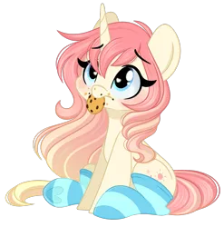 Size: 1593x1611 | Tagged: safe, artist:emberslament, derpibooru import, oc, oc:radiant soirée, unofficial characters only, pony, blushing, clothes, cookie, cute, female, food, gradient mane, heart, heart eyes, image, looking up, mare, png, simple background, sitting, socks, striped socks, transparent background, wingding eyes