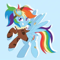 Size: 1024x1024 | Tagged: safe, artist:czscribbles, derpibooru import, rainbow dash, pegasus, pony, g4, aviator goggles, bandaid, blue background, bomber jacket, clothes, cute, dashabetes, female, goggles, grin, image, jacket, jpeg, looking at you, mare, simple background, smiling, solo, spread wings, wings