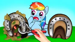 Size: 686x386 | Tagged: grimdark, artist:pa animation, derpibooru import, rainbow dash, crying, horseshoes, image, jpeg, wat, weird youtube kids video, youtube thumbnail