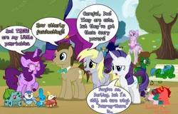 Size: 1280x819 | Tagged: safe, artist:jasperpie, derpibooru import, derpy hooves, doctor whooves, rarity, time turner, oc, oc:aramau, oc:bulby, oc:filmer brony, oc:j-pony64, oc:jack skellington pone, oc:lightning blast, oc:naeruiih, oc:smenkhare, oc:yuki (piplup), bulbasaur, giraffe, mudkip, piplup, bench, cute, fuecoco, giraffe oc, glasses, image, jpeg, ocbetes, park bench, pokémon, ponyville, sleeping, tree